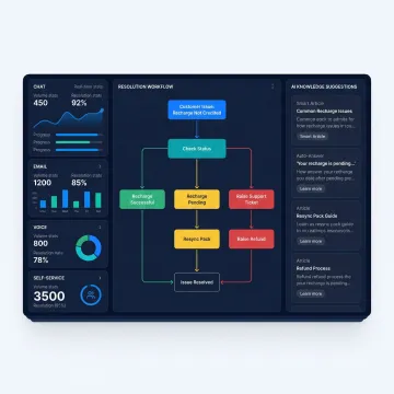 AI-powered omnichannel knowledge management dashboard showing unified customer support across chat, voice, and email
