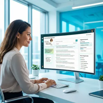 Customer support agent using AI-powered knowledge management software on a desktop screen