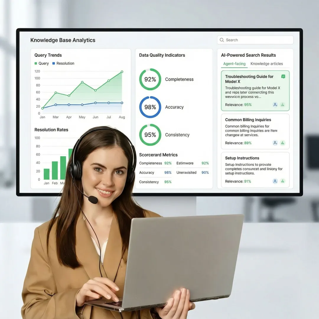 Enterprise knowledge management dashboard showing data quality metrics and AI-powered search interface