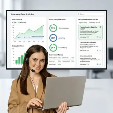 Enterprise knowledge management dashboard showing data quality metrics and AI-powered search interface
