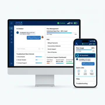 Telecom self-service portal dashboard on desktop and mobile