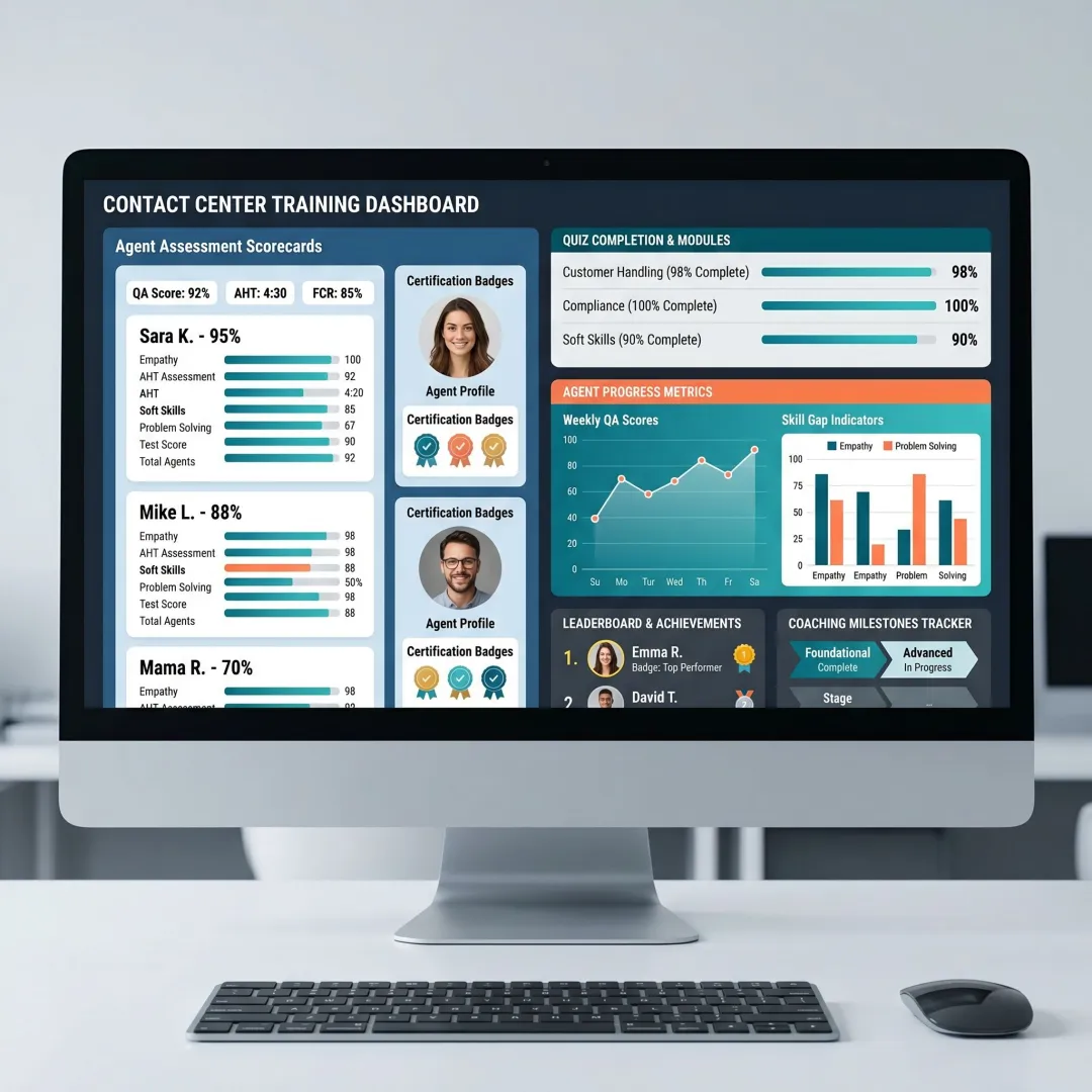 Agent training dashboard with assessments