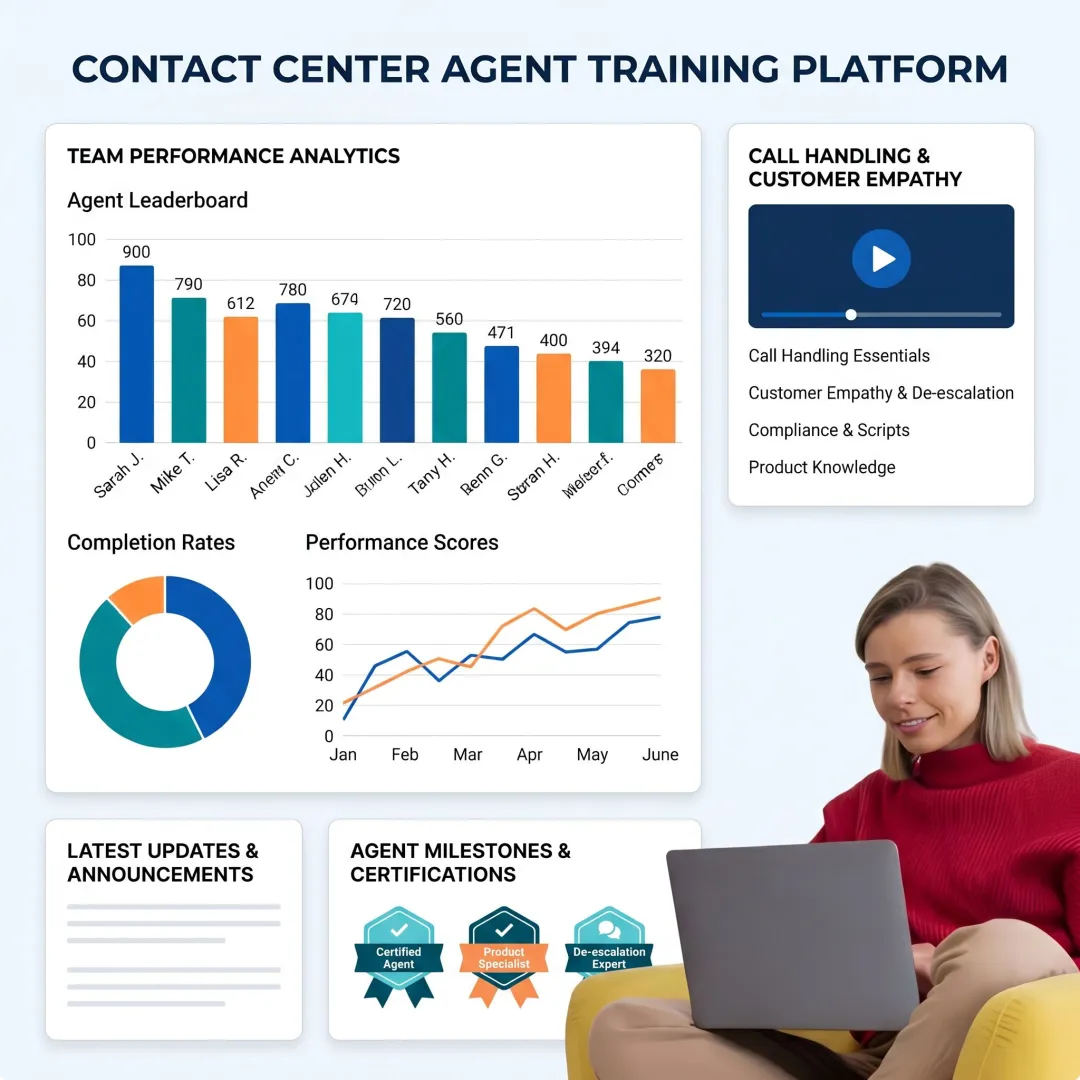 Agent training dashboard in a learning management system