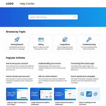 Customer help center with searchable support content