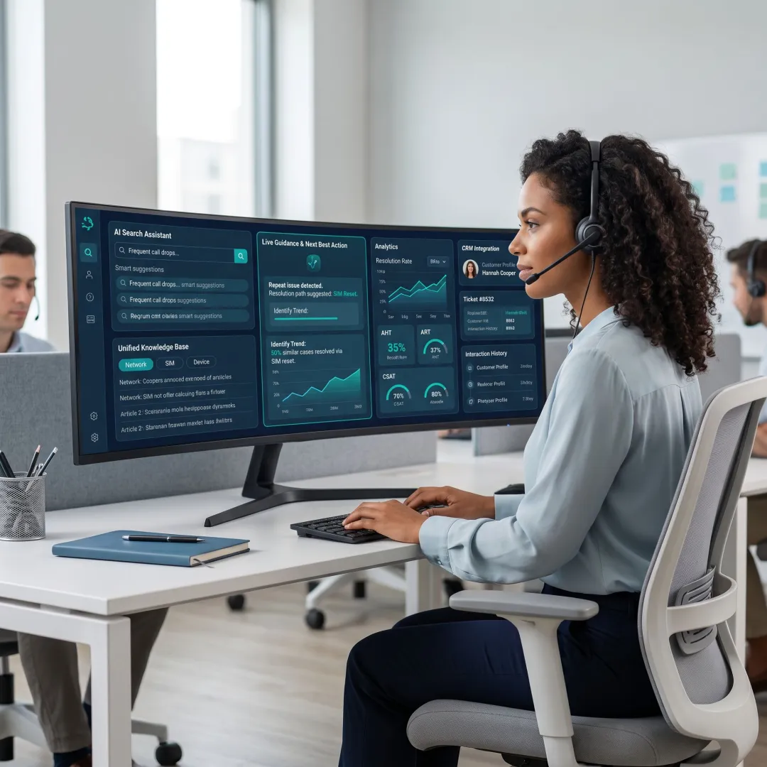 AI search assistant dashboard for contact center agents