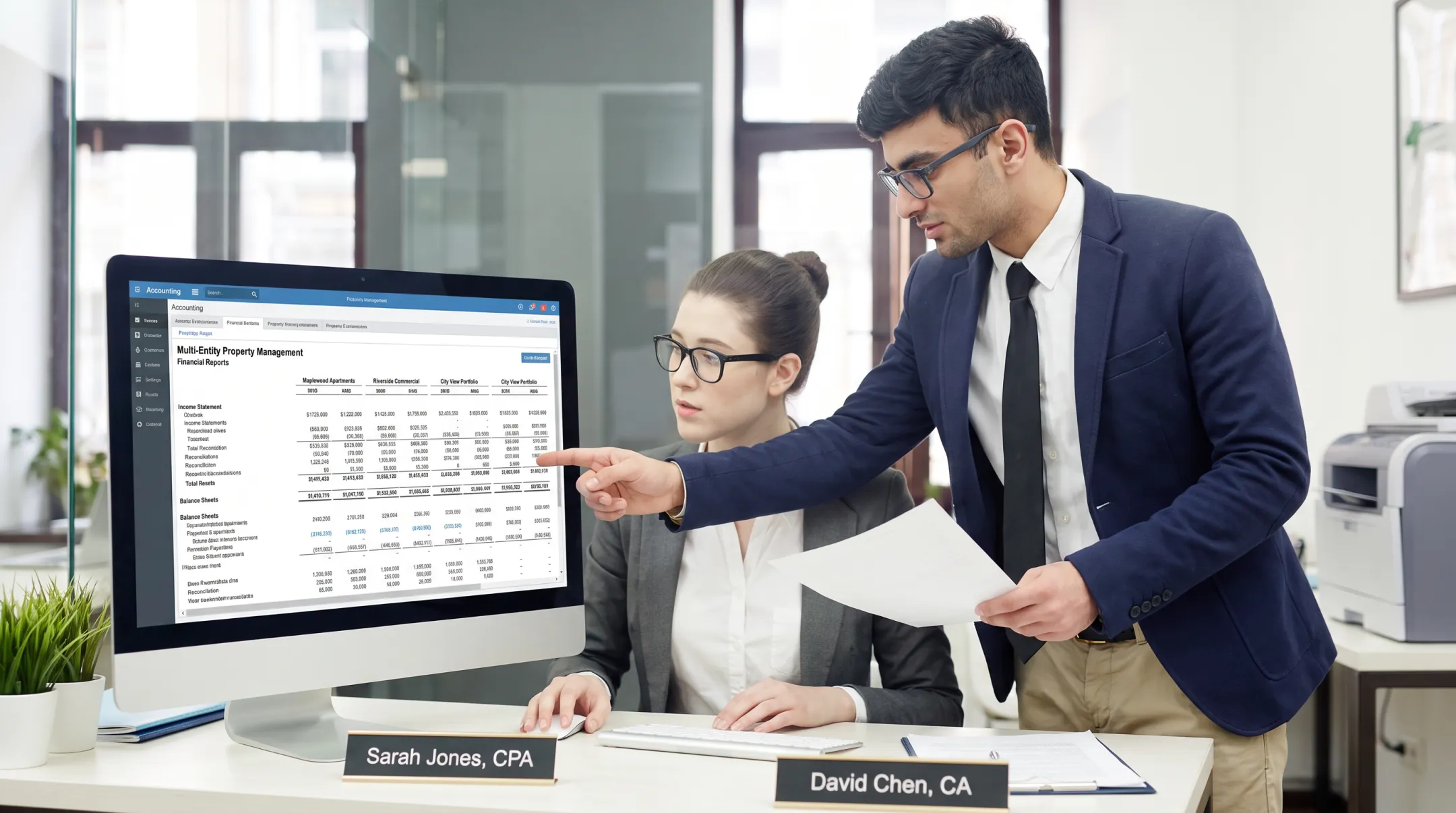 Outsourced accounting professionals reviewing property management financial reports on screen