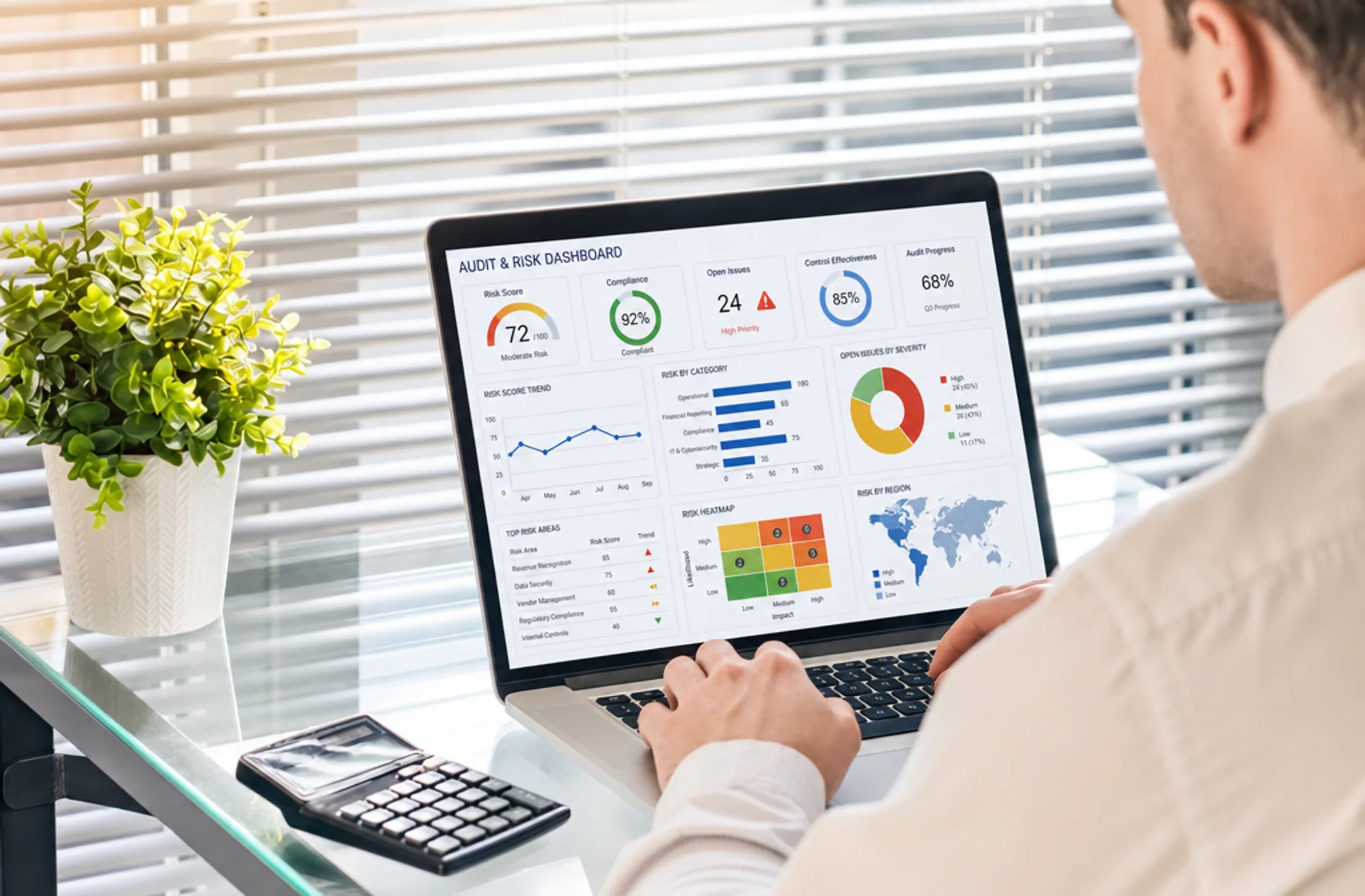 Finance team reviewing audit technology dashboard with data analytics