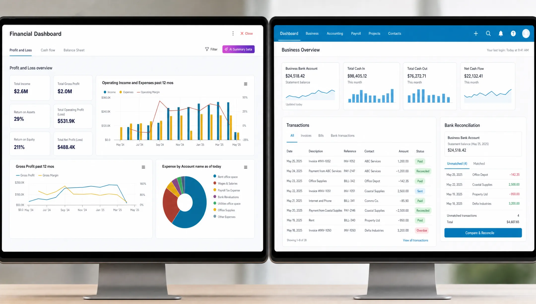 Accounting software dashboard interface showing QuickBooks Xero integration options