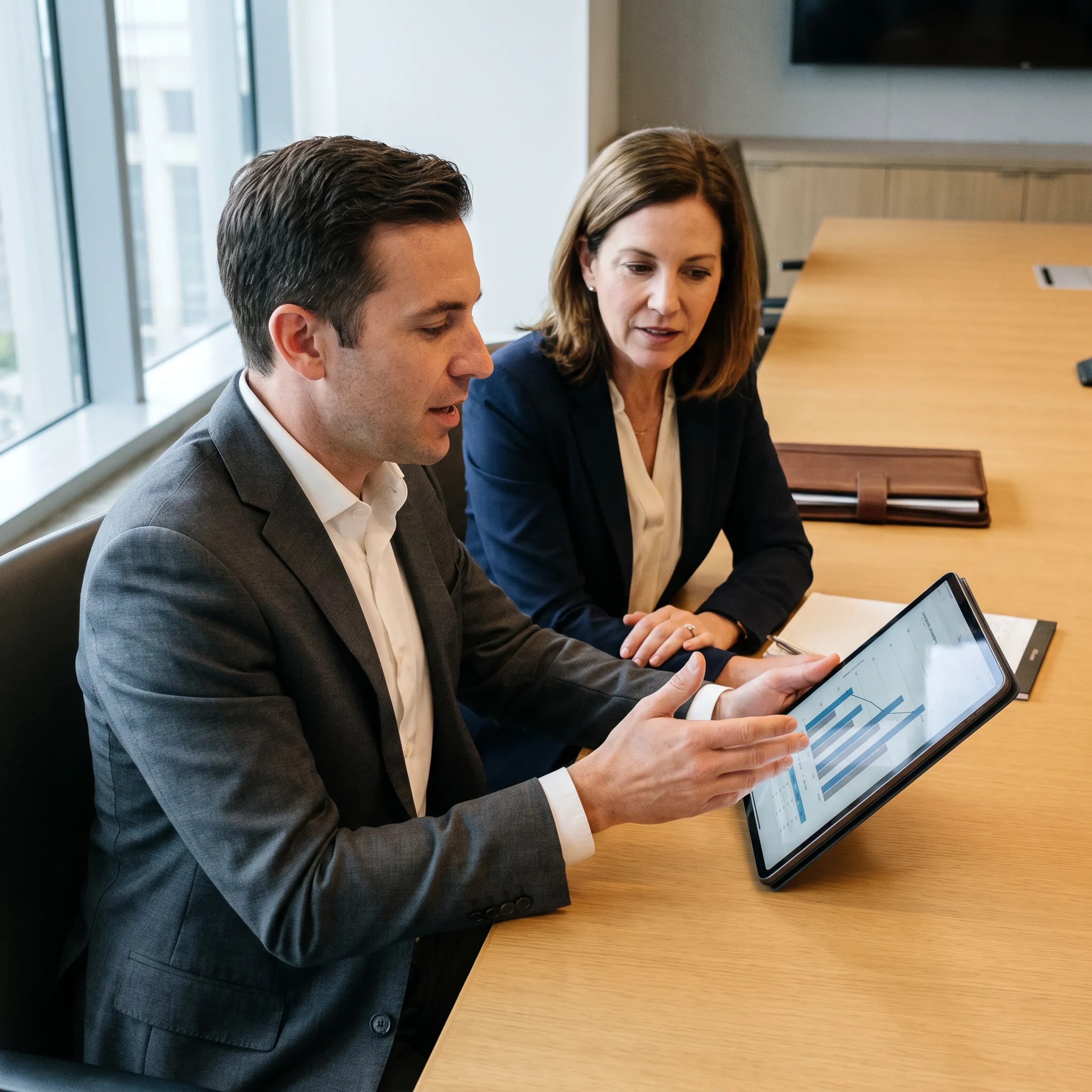 Financial advisor discussing accounting statements with small business owner