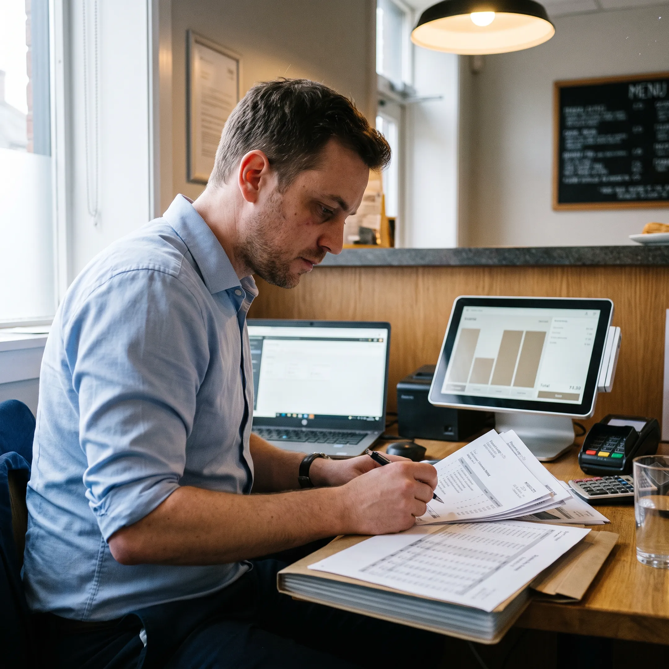 Accountant reviewing restaurant food cost calculations and reports