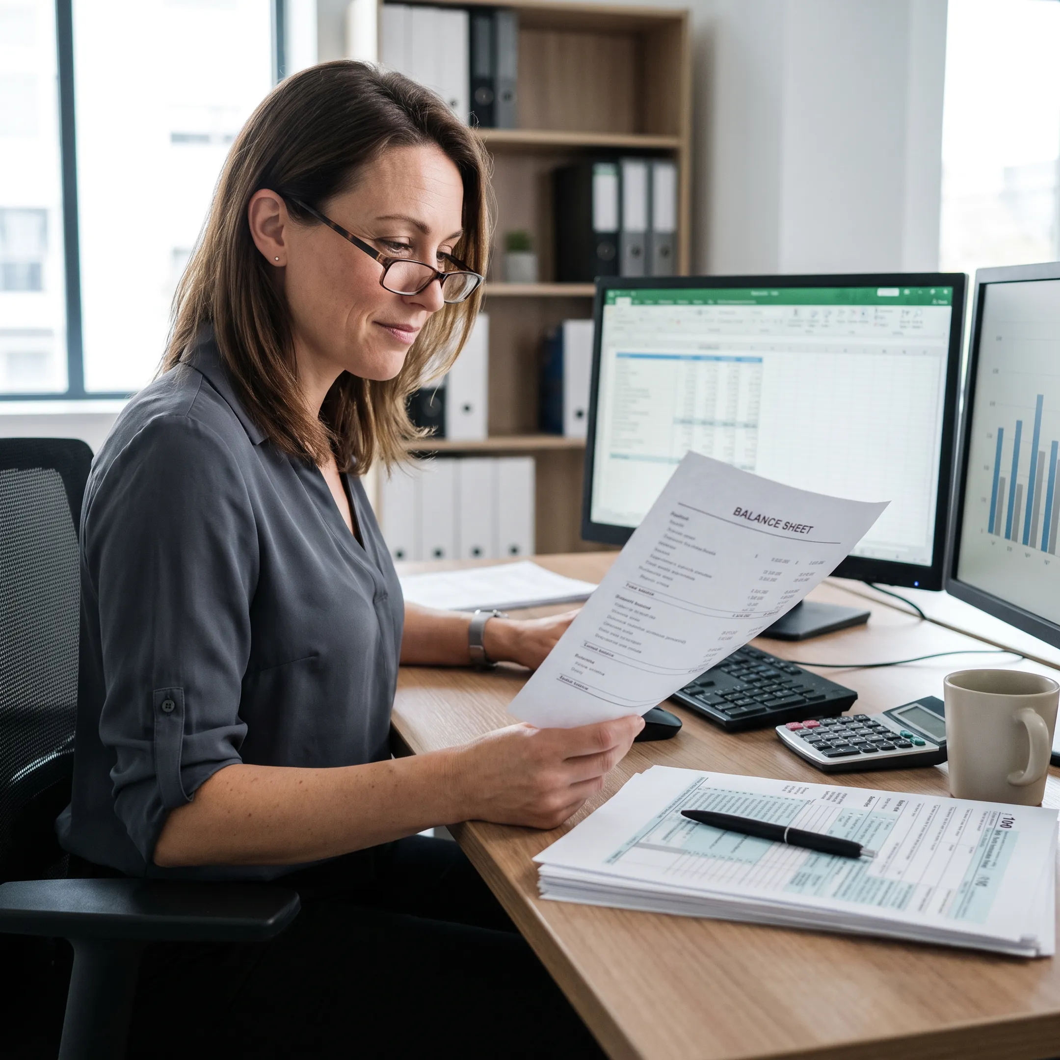 CPA analyzing financial records and tax returns on a laptop screen