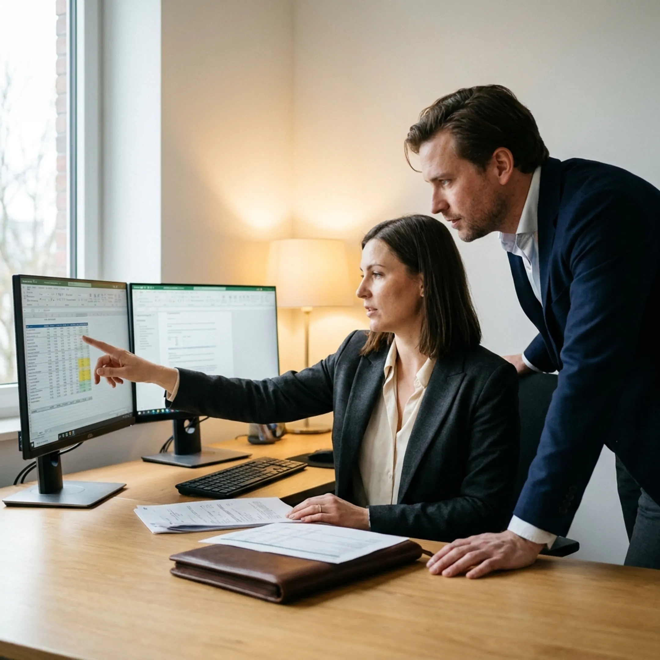 Financial analysts reviewing real estate cash flow statements and investment performance metrics