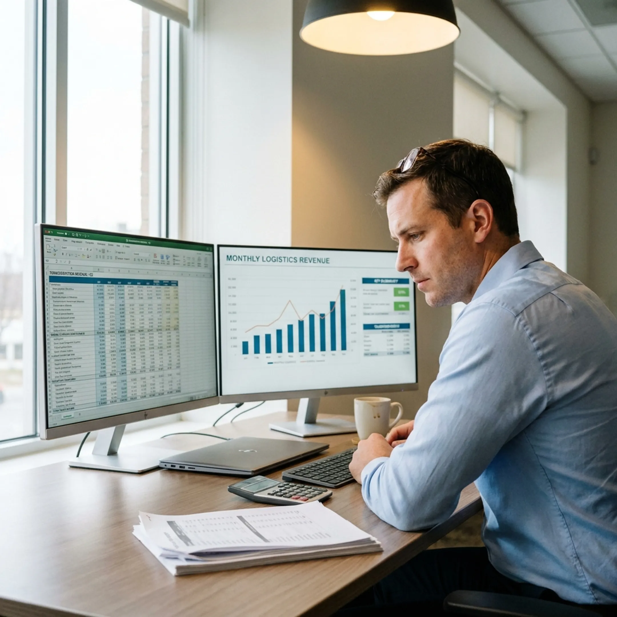 Financial dashboard showing fleet metrics and revenue reports on an office computer