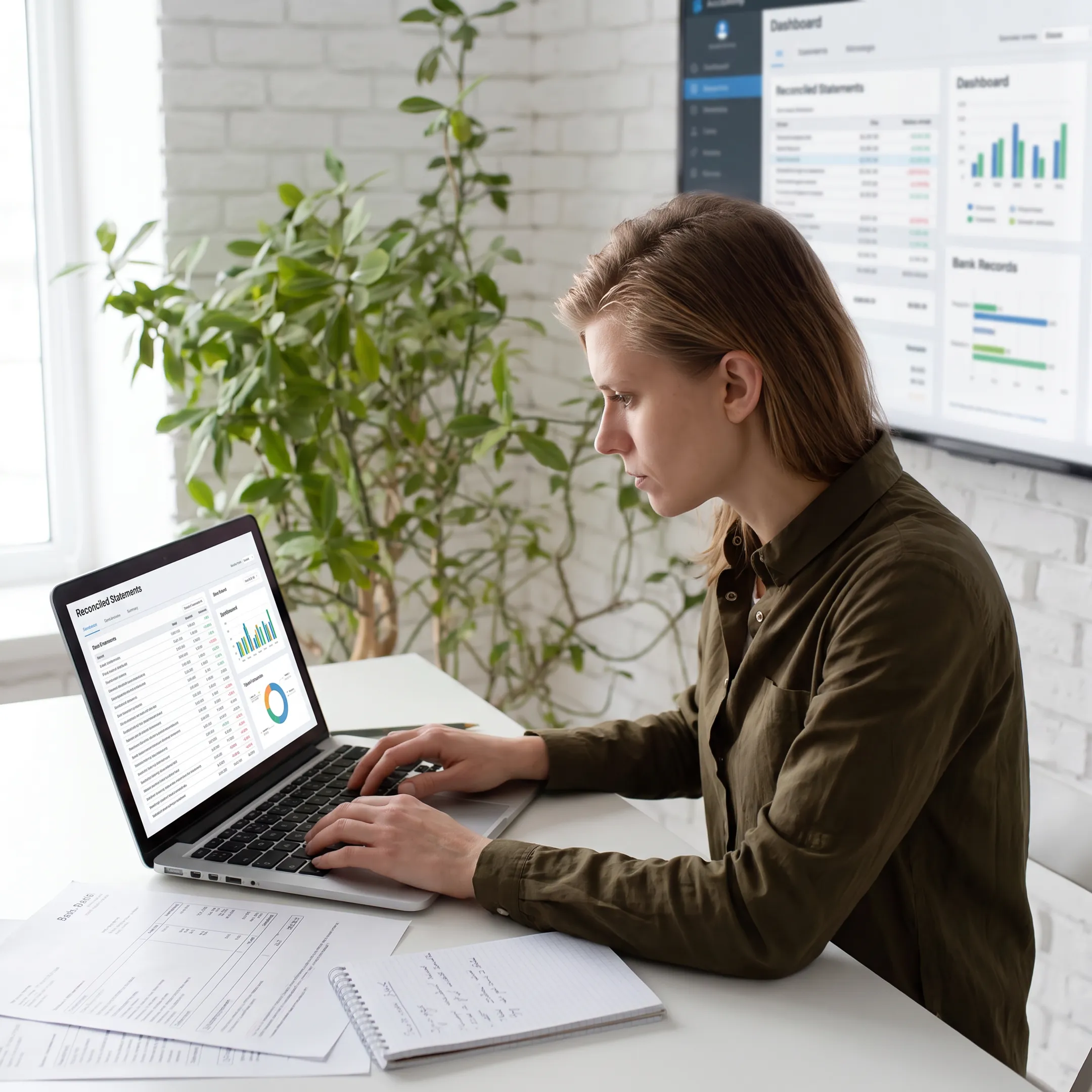 Accountant reviewing reconciled financial statements