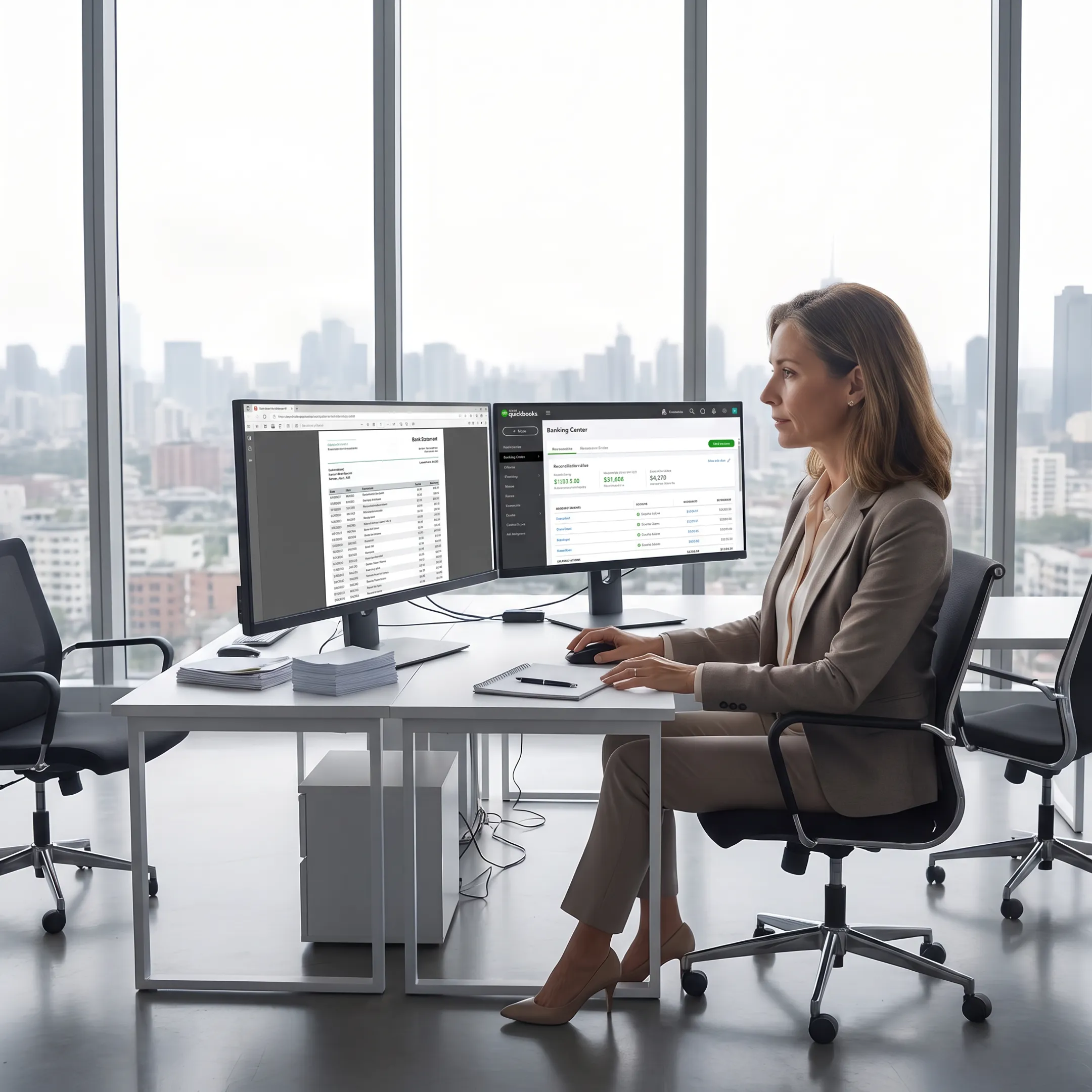 Accountant reconciling QuickBooks accounts
