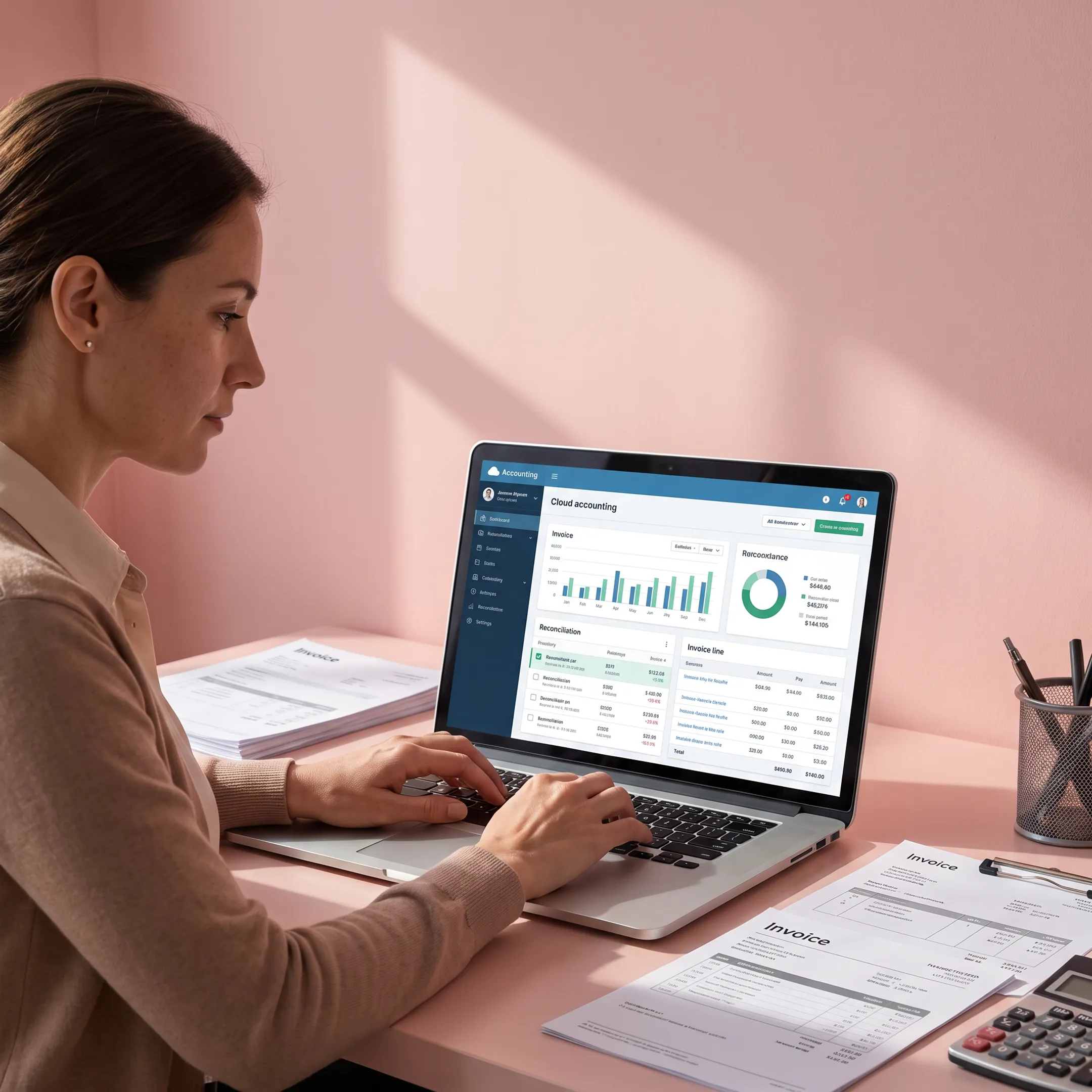 Remote bookkeeper analyzing financial records
