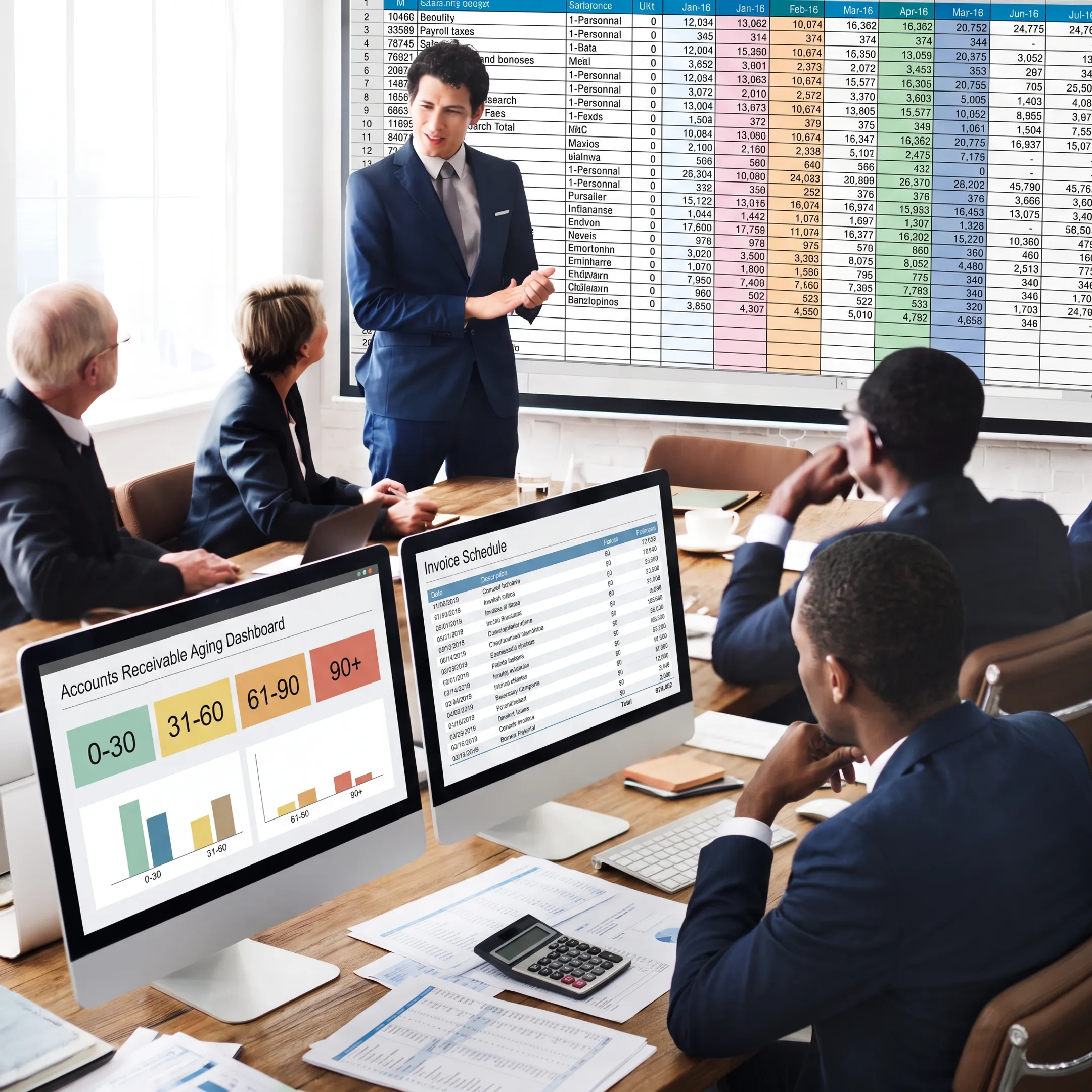 Accountant examining accounts receivable aging spreadsheets and payment trends