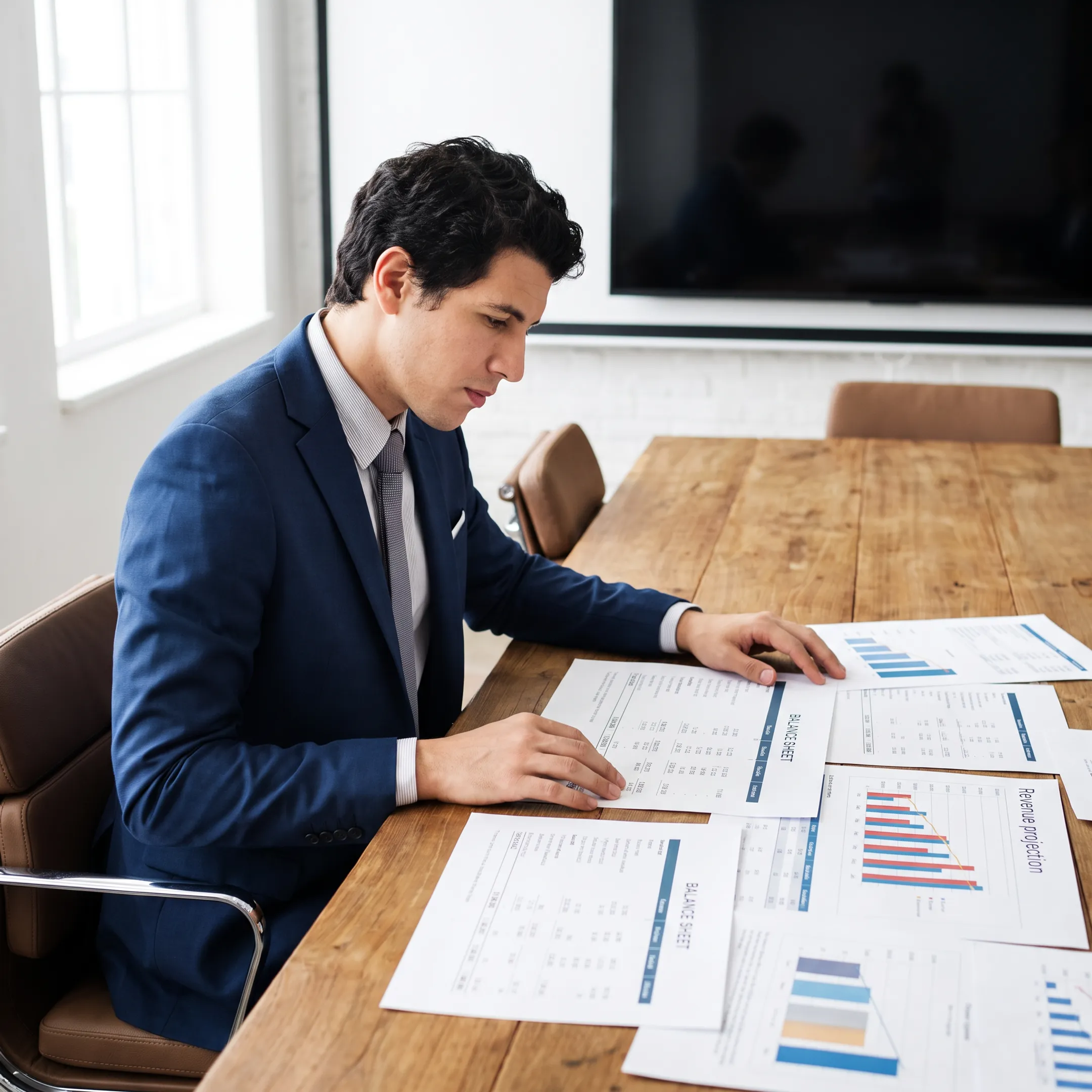 Financial consultant analyzing accounting ledgers and balance sheet data