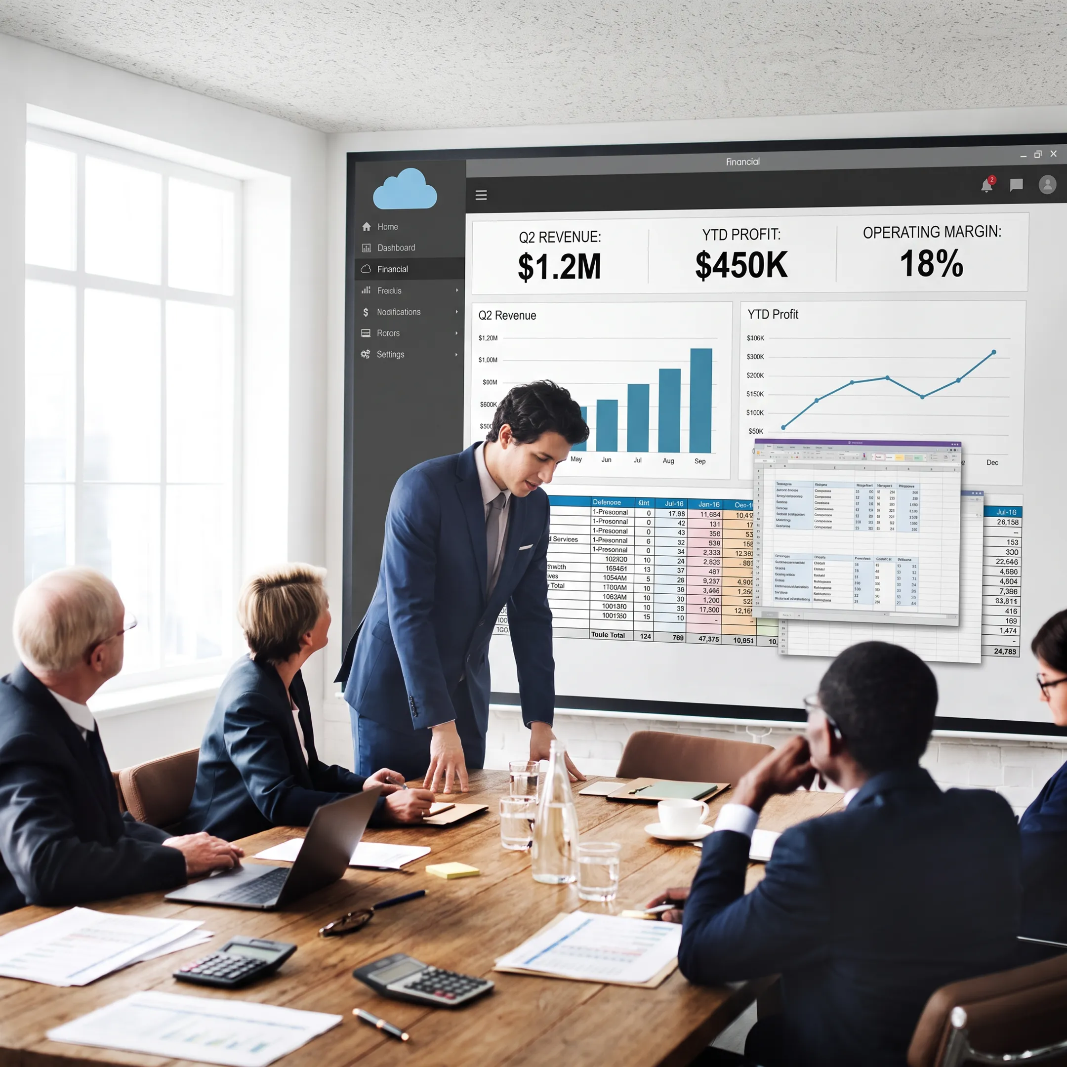 Specialist analyzing corporate financial reporting dashboards and resource metrics