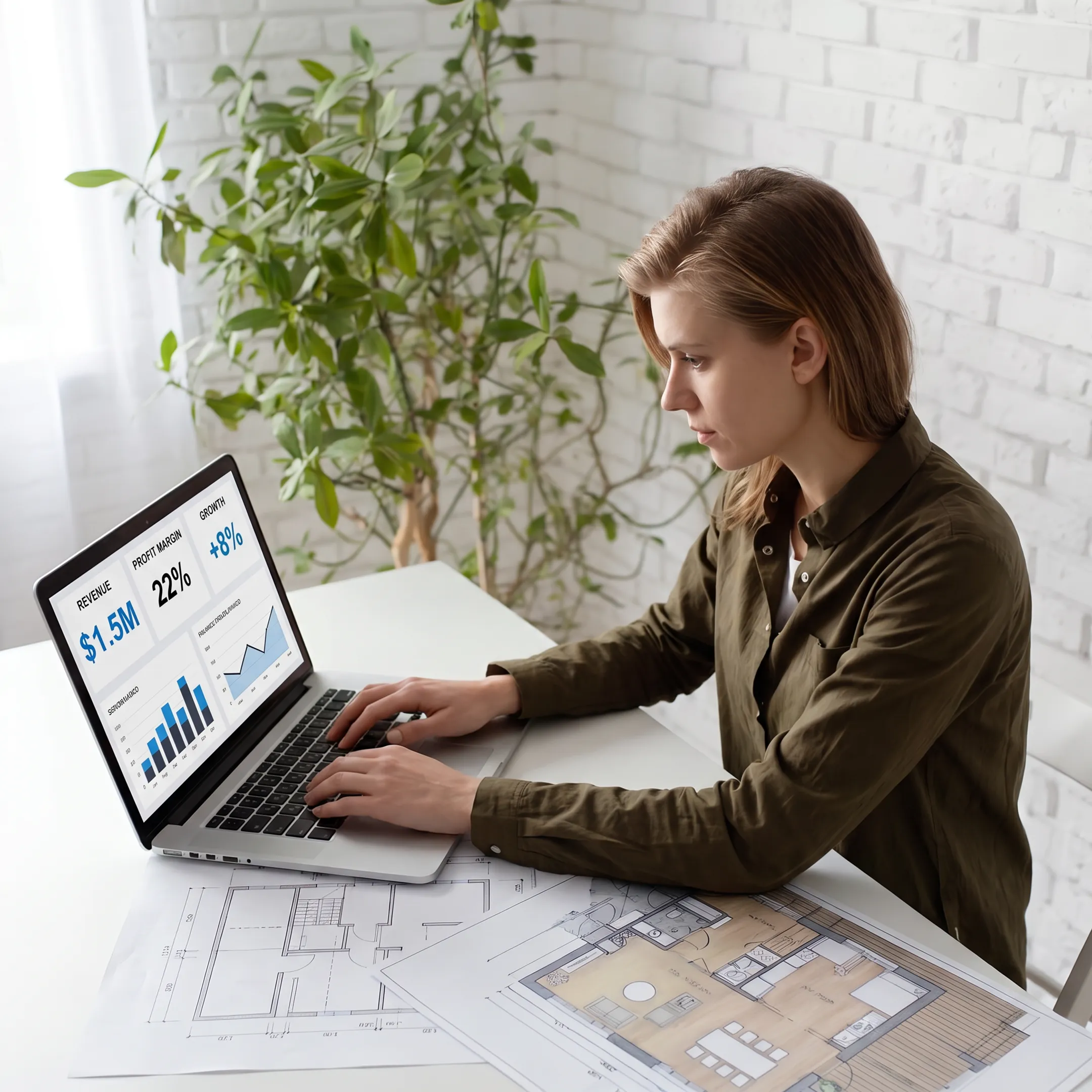 Professional accountant analyzing project budgets and financial metrics for an engineering firm