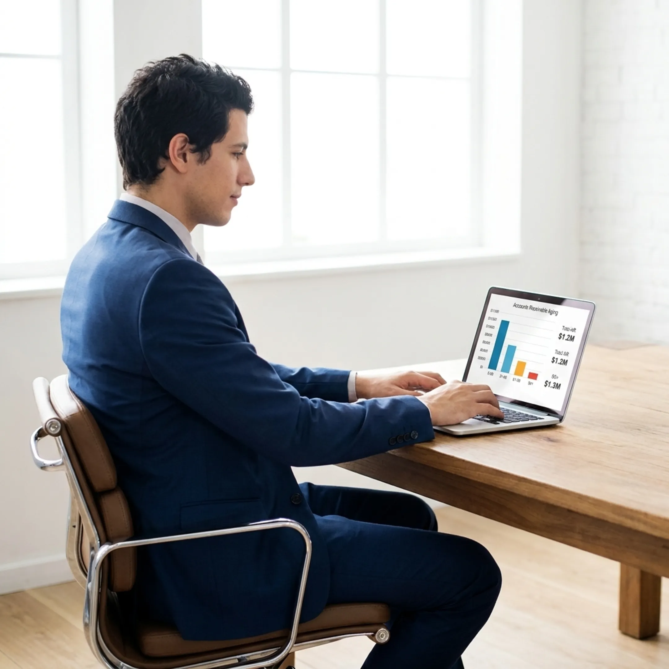 Healthcare finance professional reviewing medical accounts receivable aging data on a laptop.