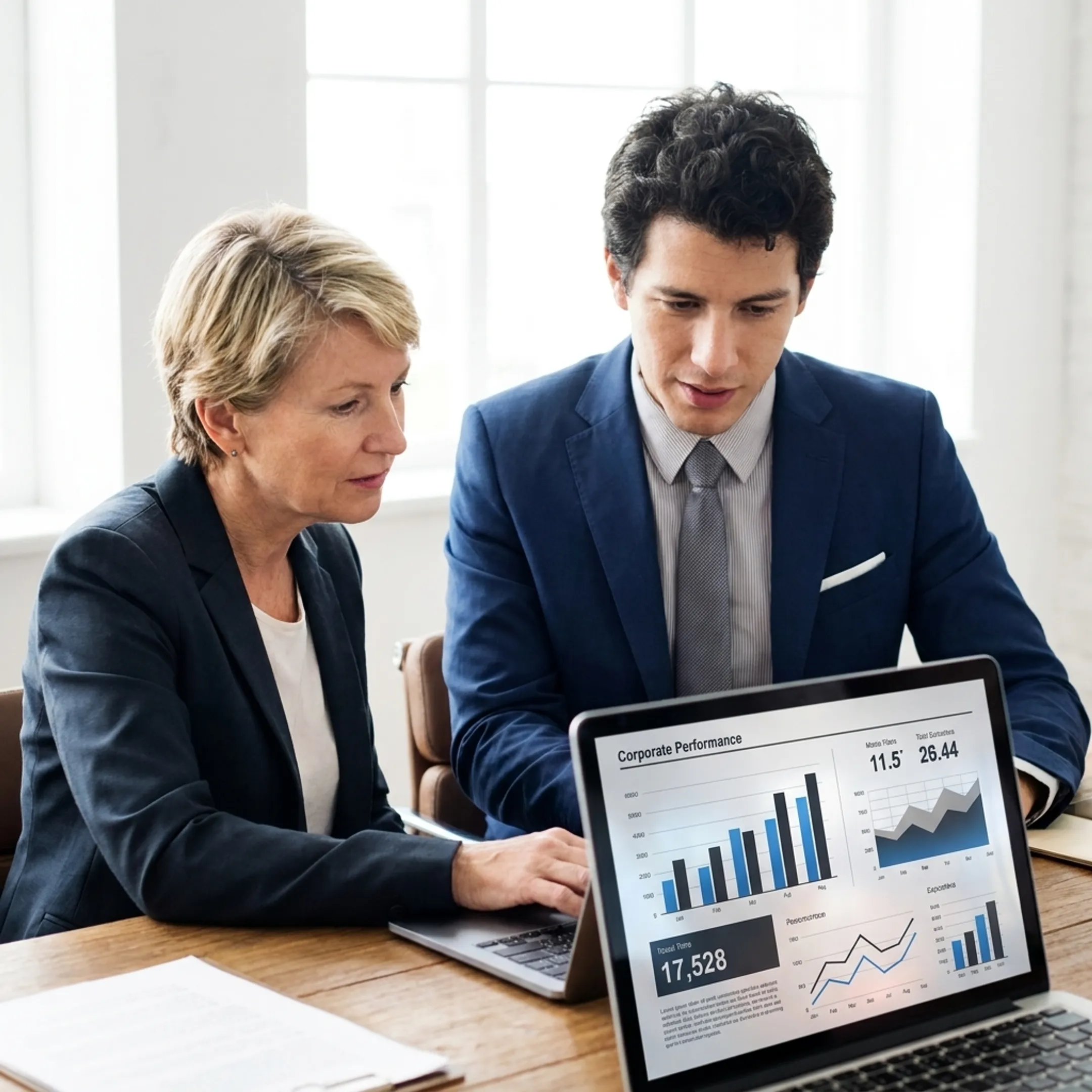 Financial analysts reviewing outsourced accounting dashboards and metrics