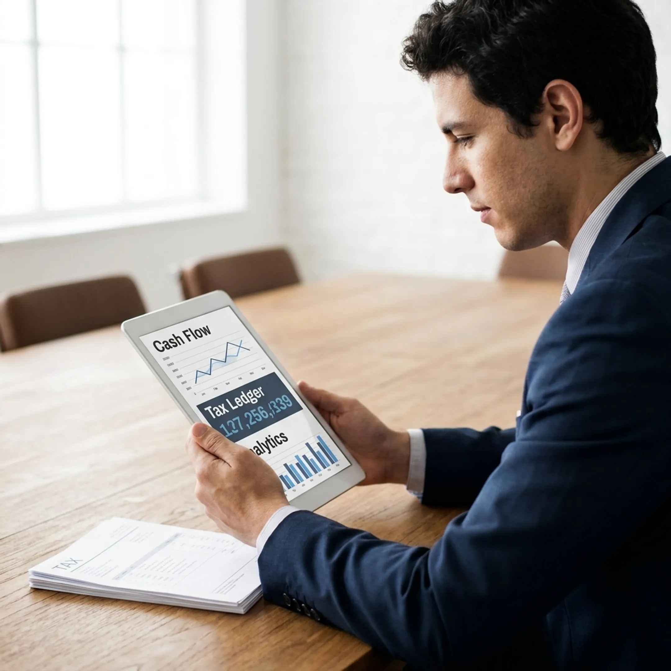 Accountant reviewing balance sheets and financial analytics on a tablet