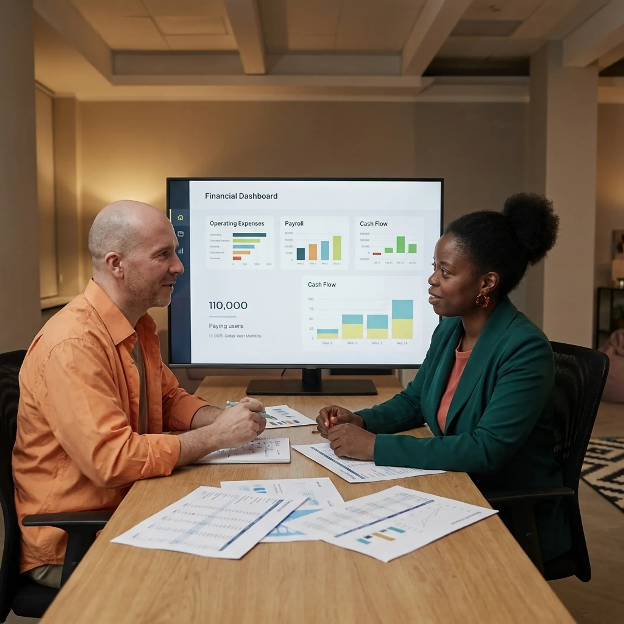 Restaurant owner reviewing financial insights with an accountant