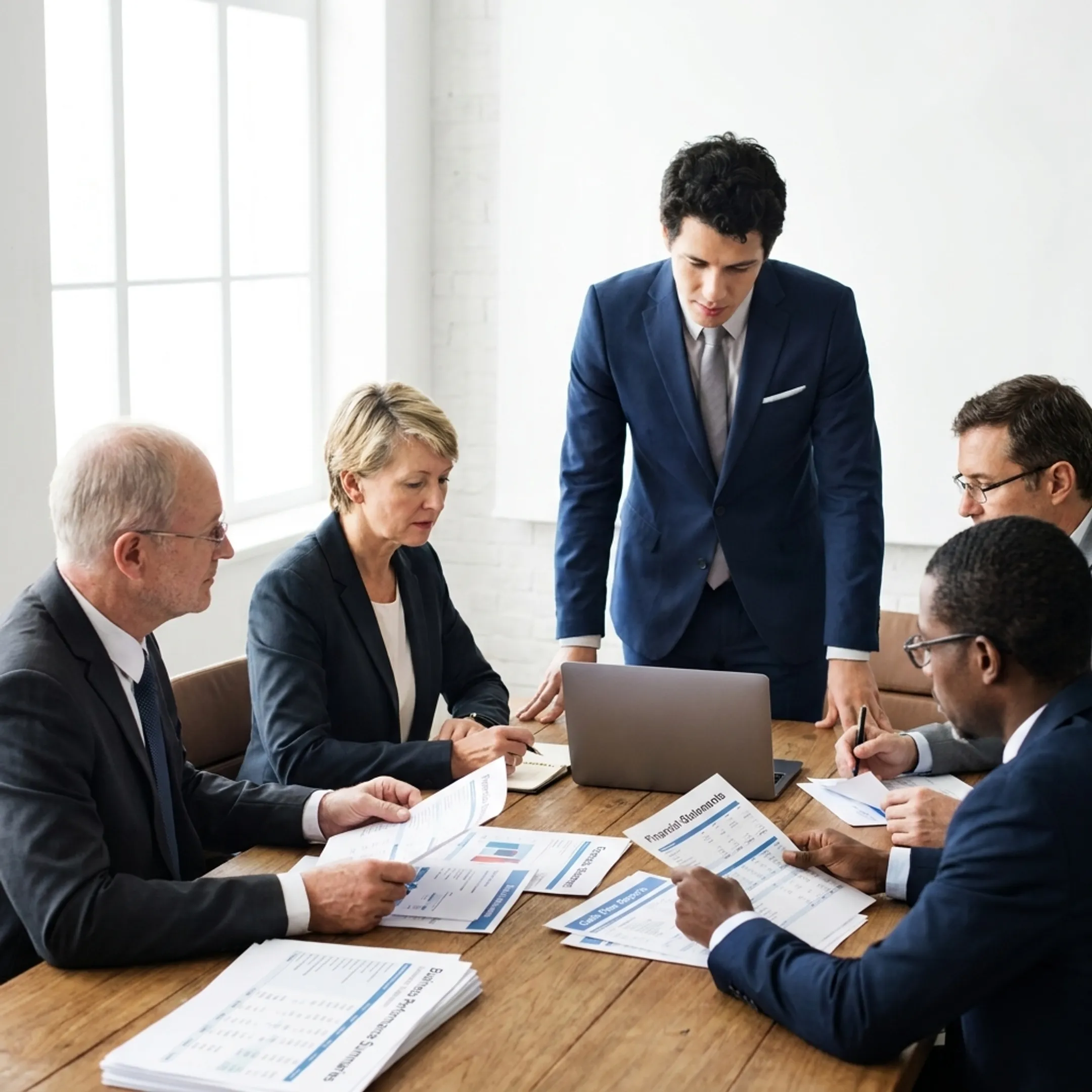 Accountant analyzing financial statements with a business leadership team
