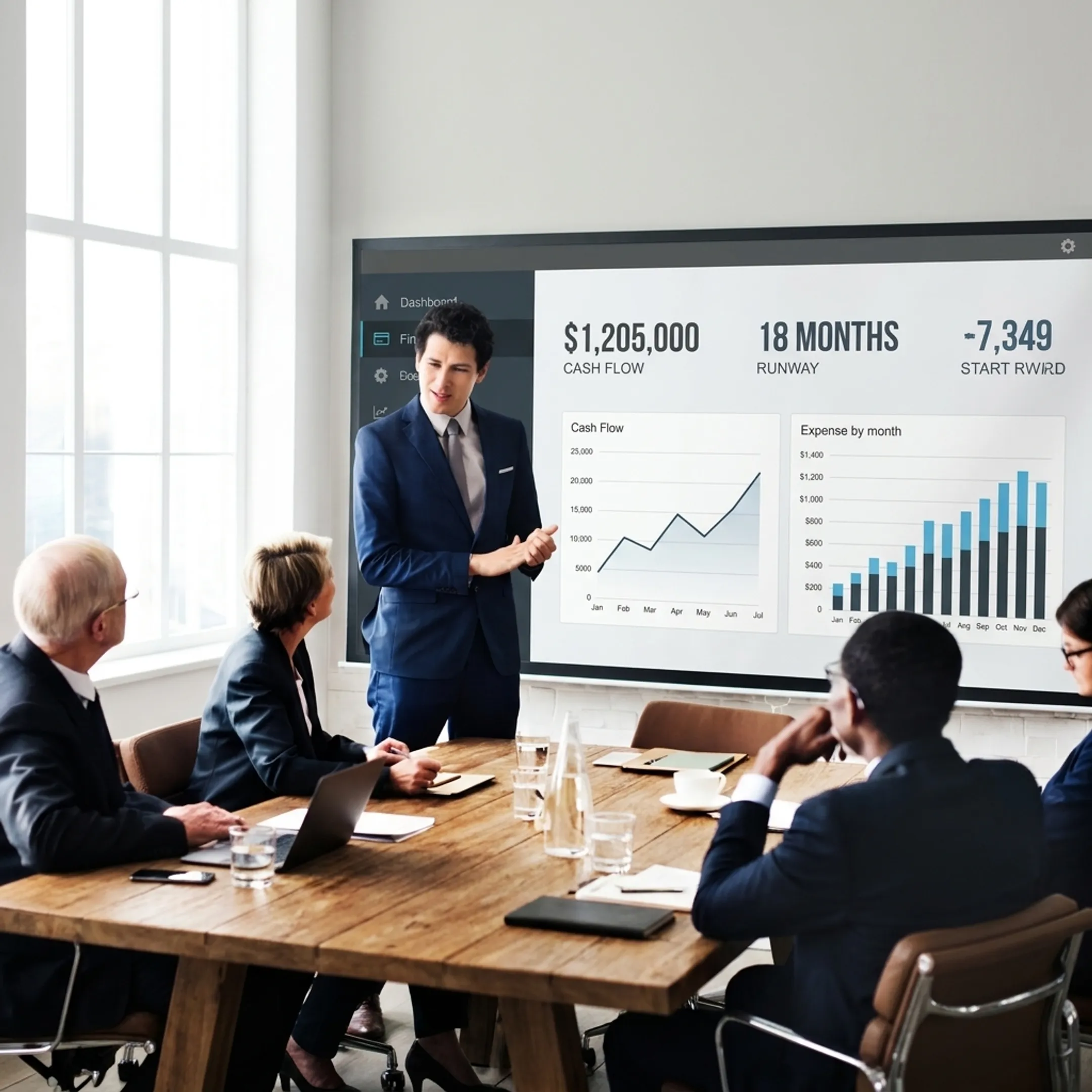 Startup leadership team discussing financial dashboard with CPA advisor