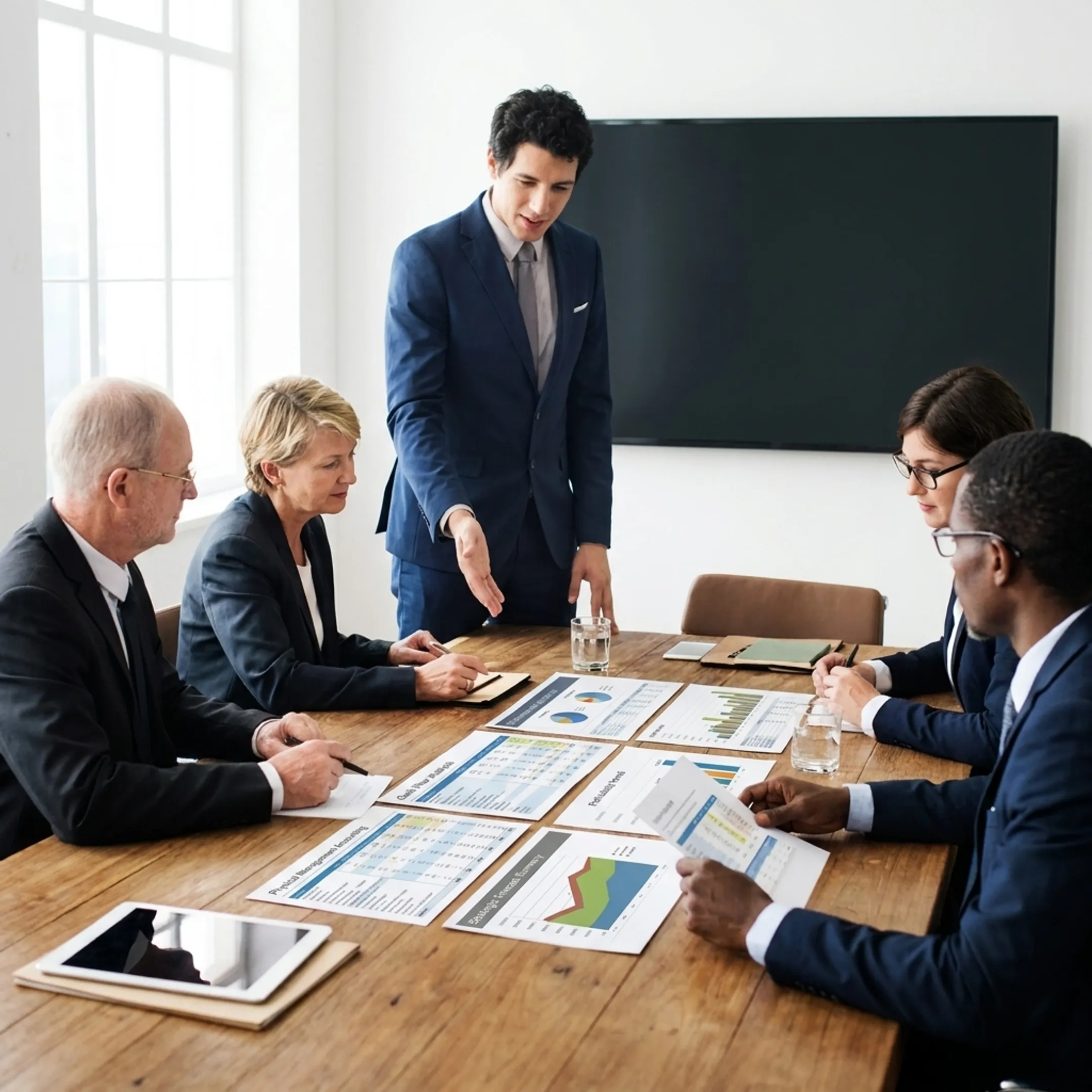 Business leaders reviewing financial performance reports with an accounting advisor