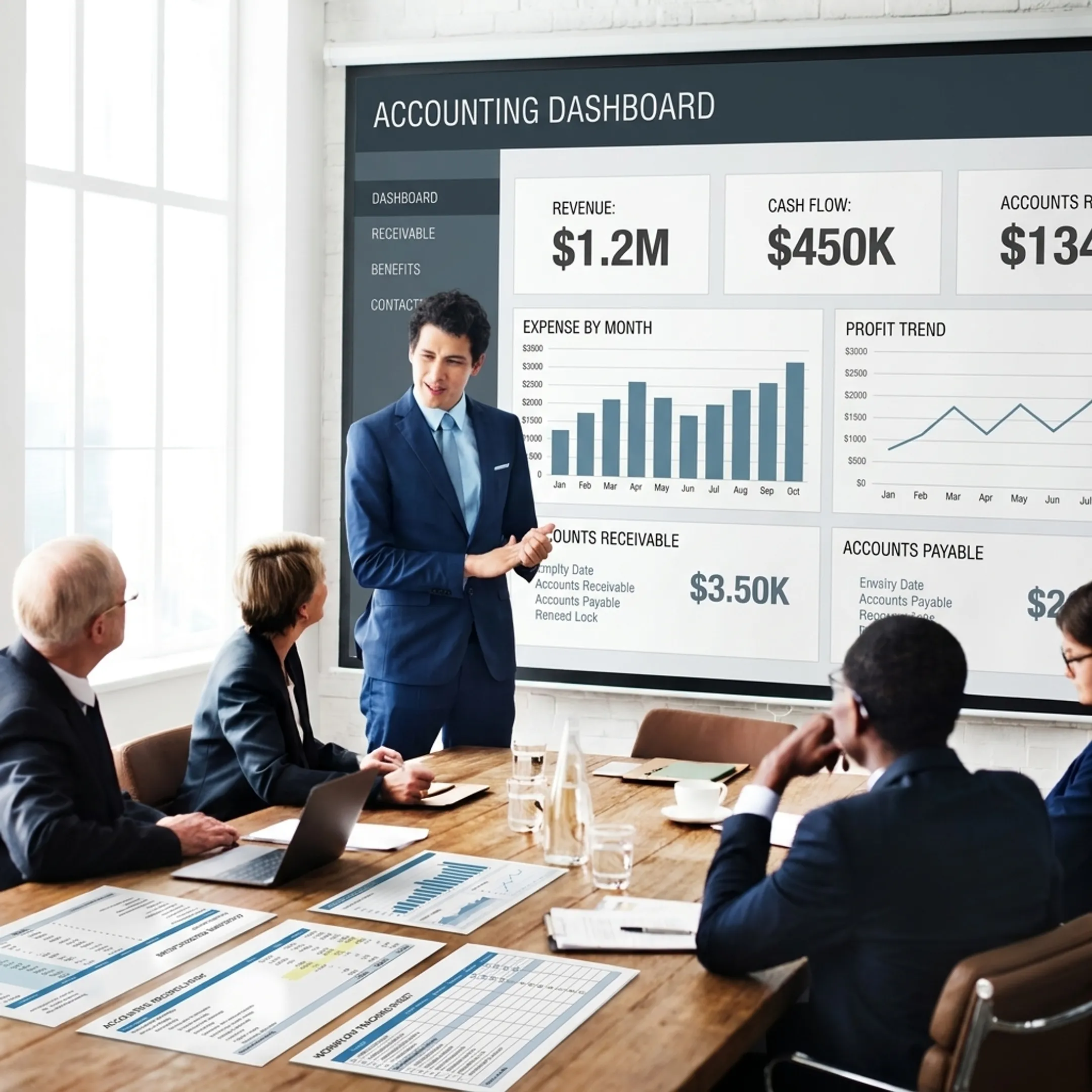 Finance team analyzing accounting dashboards and business reports