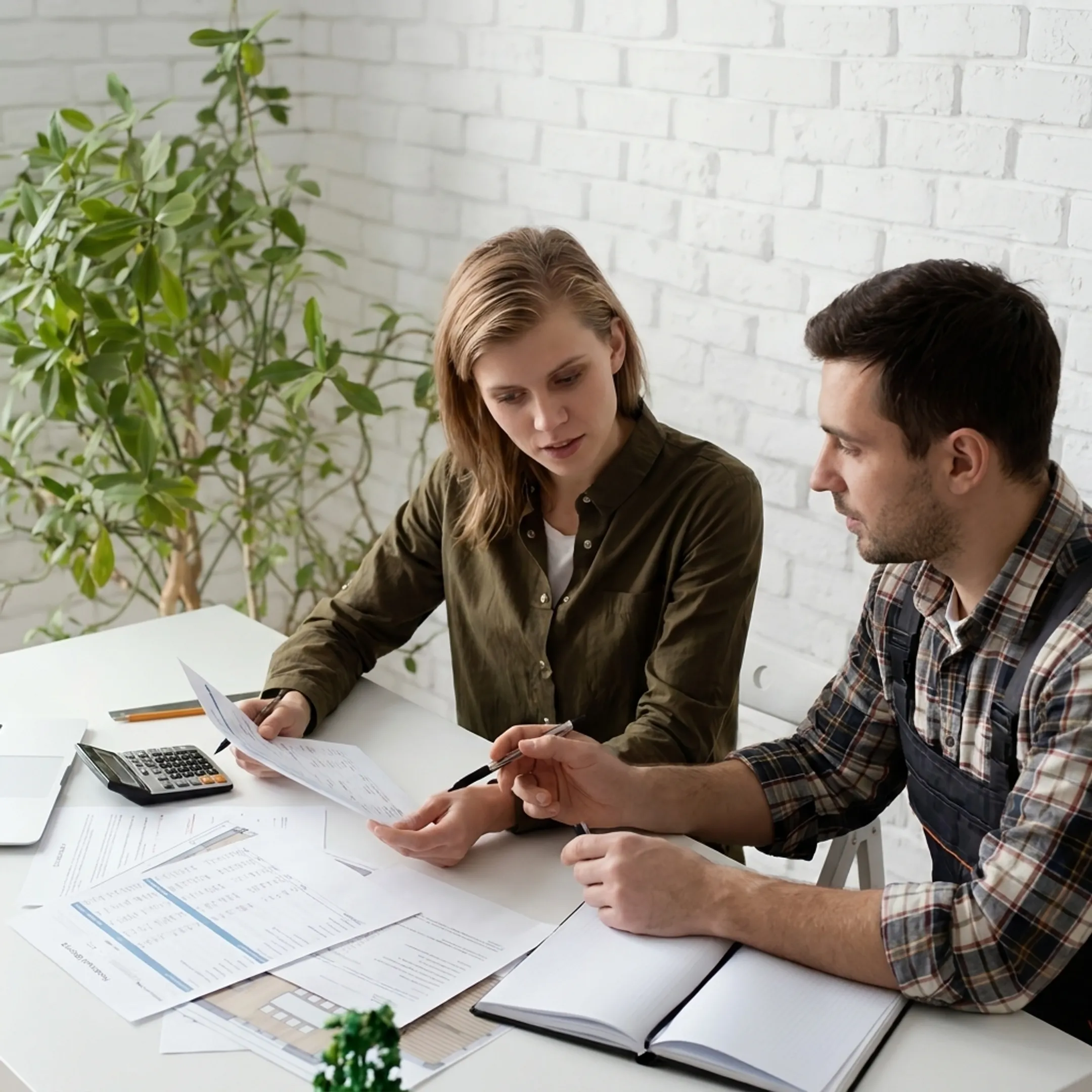 Contractor reviewing financial reports with an accountant