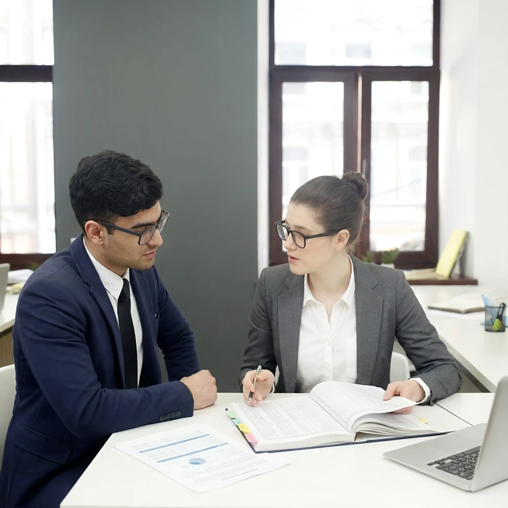 Small business owner reviewing clear bookkeeping reports with an accounting professional