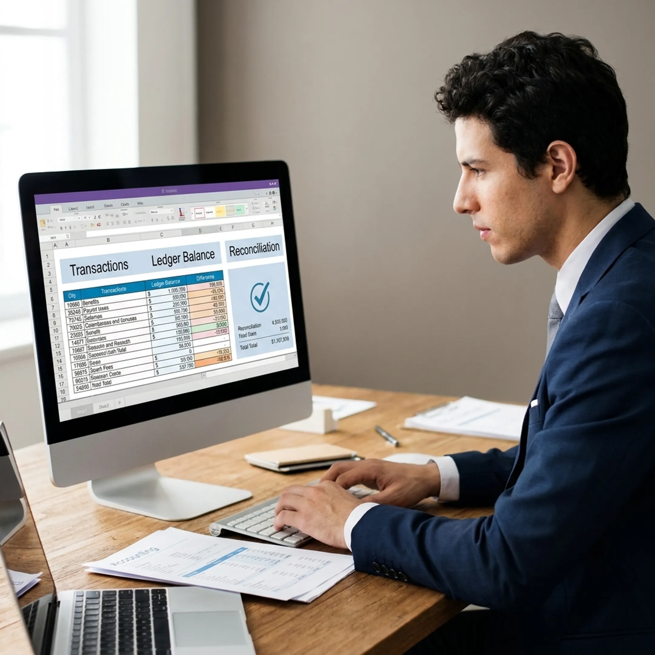 Accountant comparing financial transactions with reconciliation reports