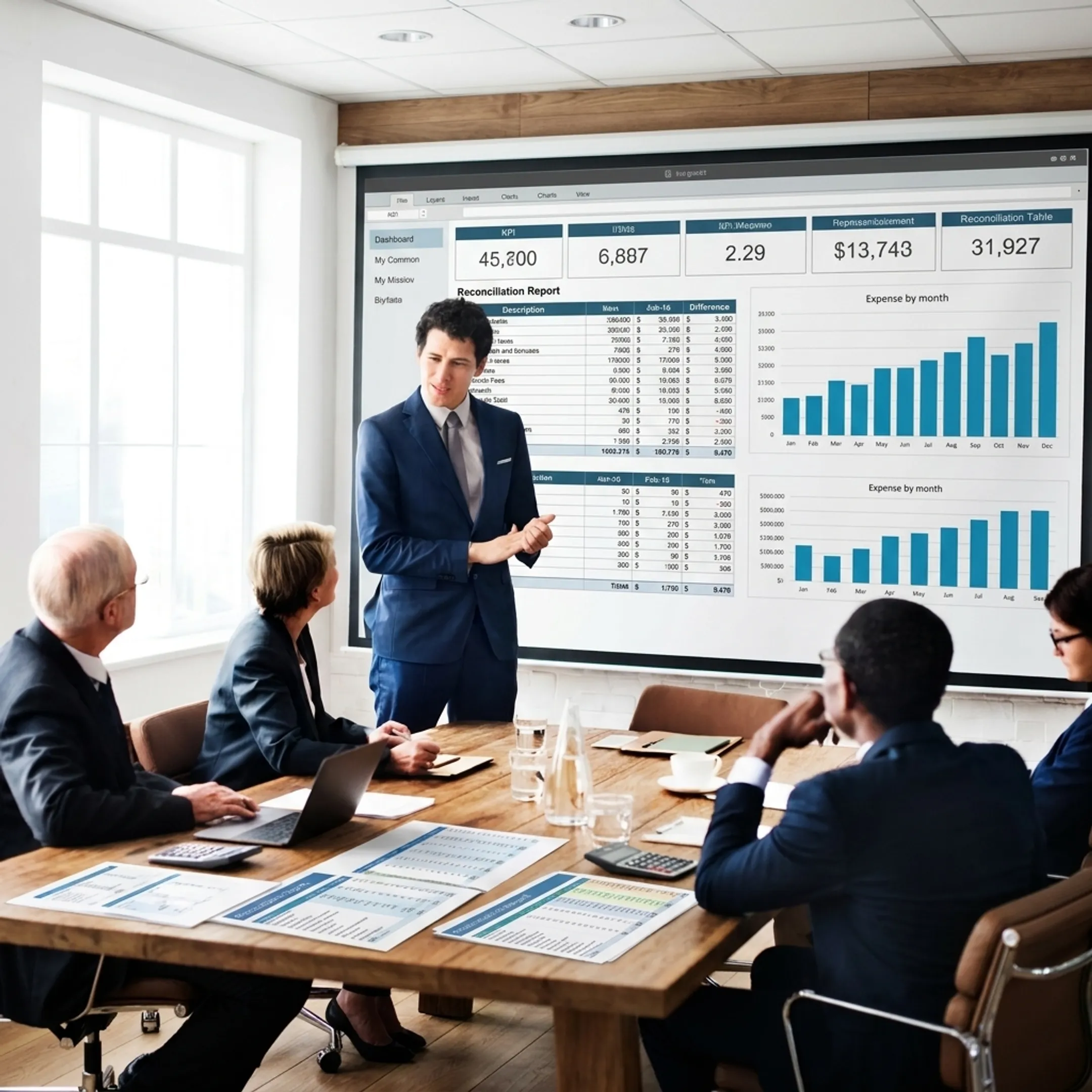 Accounting specialists collaborating around financial dashboards