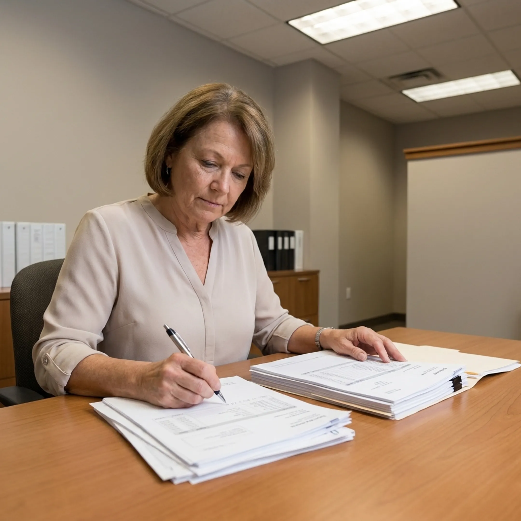 Bookkeeper organizing medical practice financial reports