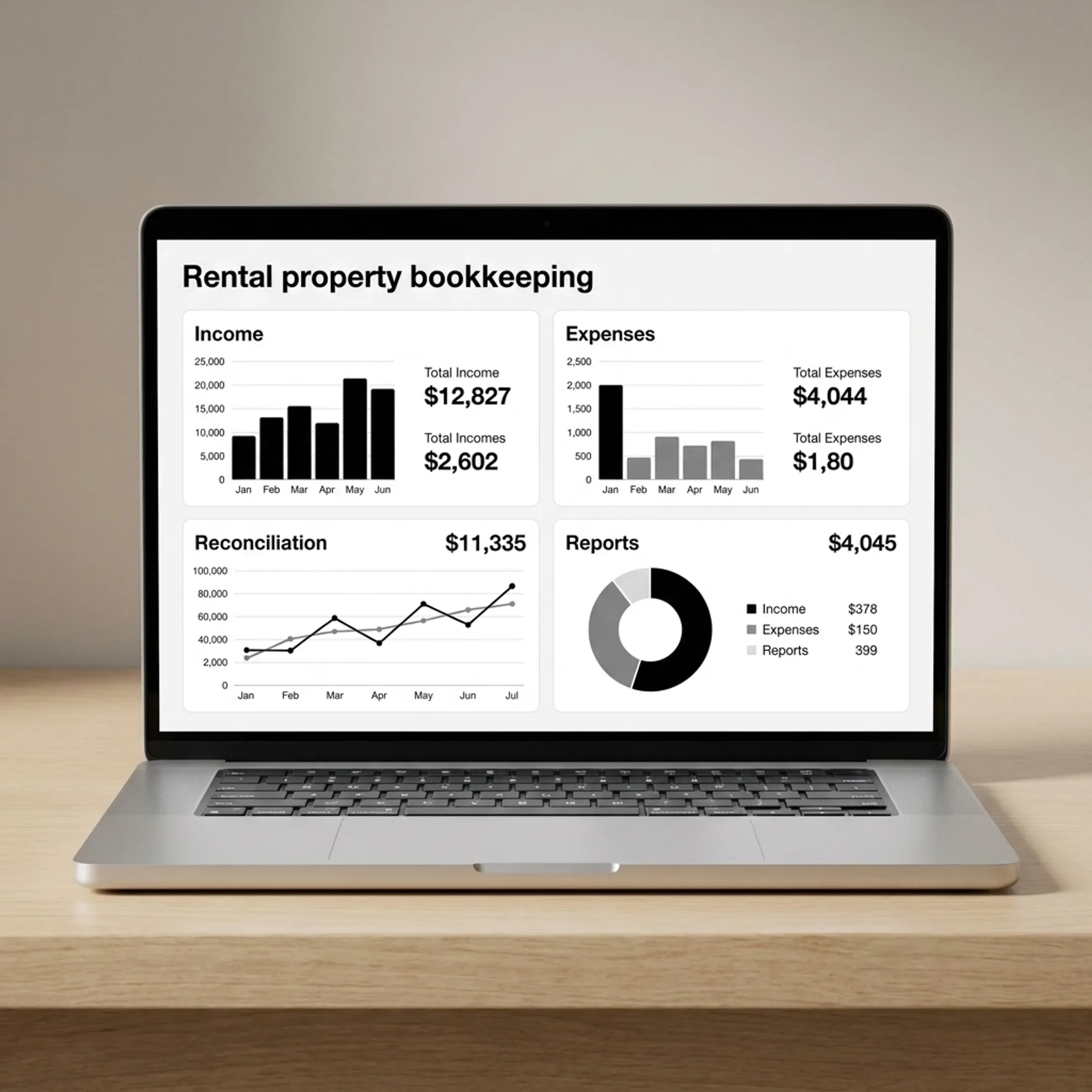Organized rental property bookkeeping reports on a computer