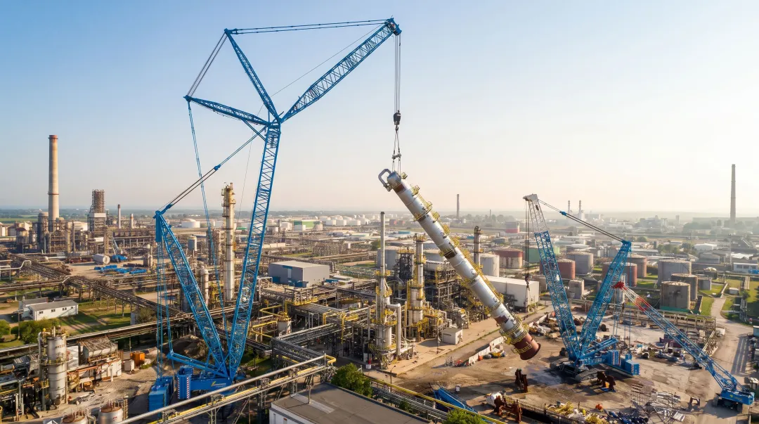 Large crawler crane performing heavy lift at Gulf Coast petrochemical refinery facility