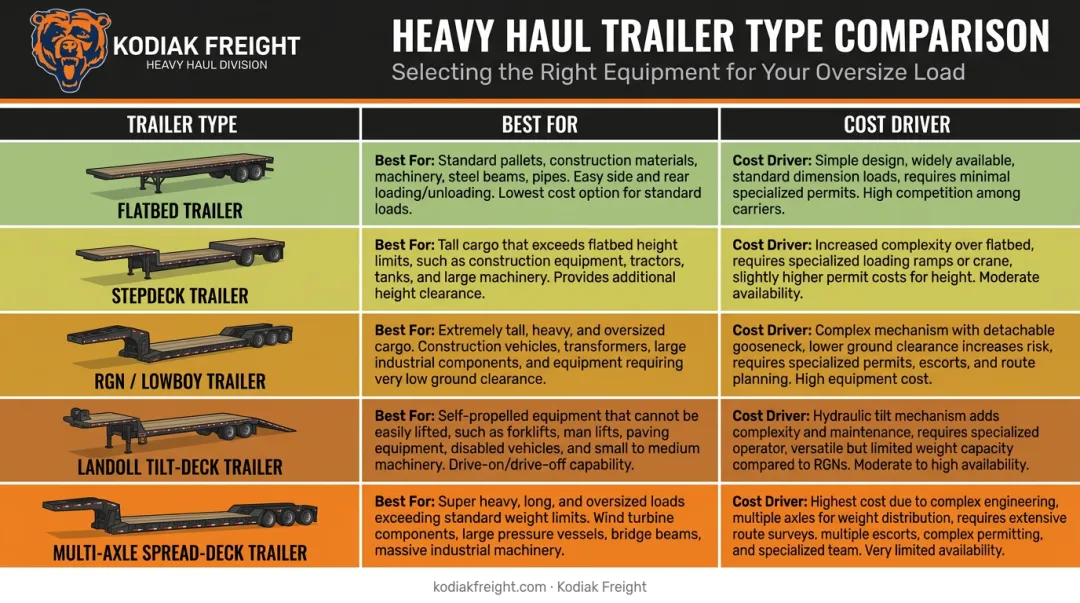 Five trailer types for heavy equipment hauling comparison chart with cost drivers