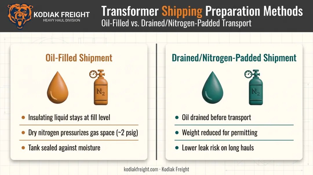 Oil-filled versus nitrogen-padded transformer shipping methods comparison chart