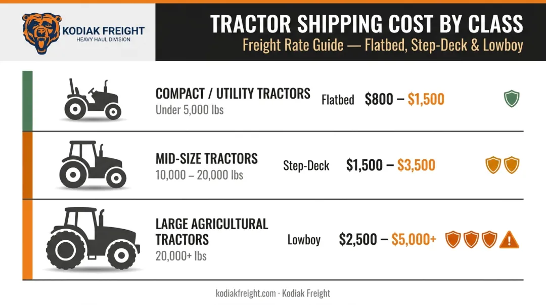 Three tractor class weight and transport cost comparison infographic