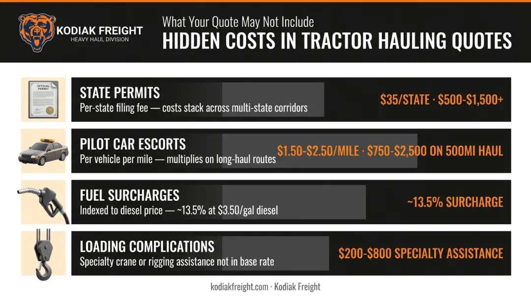 Tractor hauling hidden costs permits escorts and fuel surcharges breakdown infographic