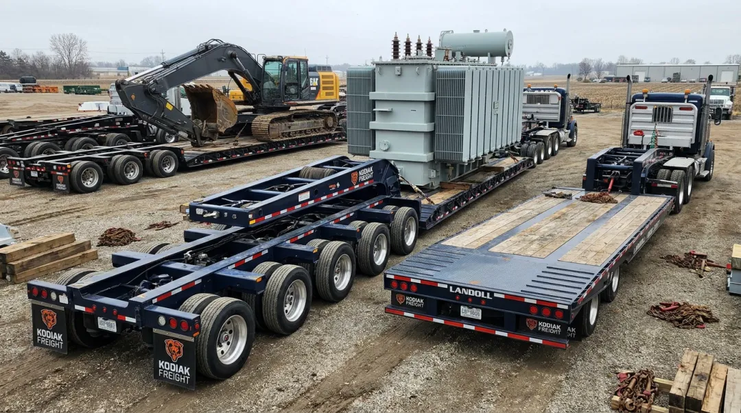 Specialized heavy haul trailer with custom axle configuration for oversize freight transport