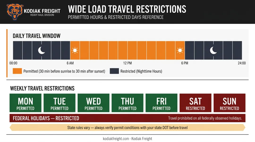 Wide load travel restrictions timeline showing daylight windows and prohibited travel days