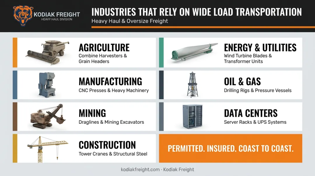 Seven industries relying on wide load transportation with cargo examples by sector