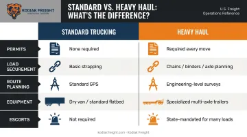 Heavy haul versus standard trucking five-factor side-by-side comparison infographic