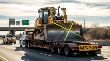 Heavy haul lowboy trailer transporting oversized construction equipment on highway