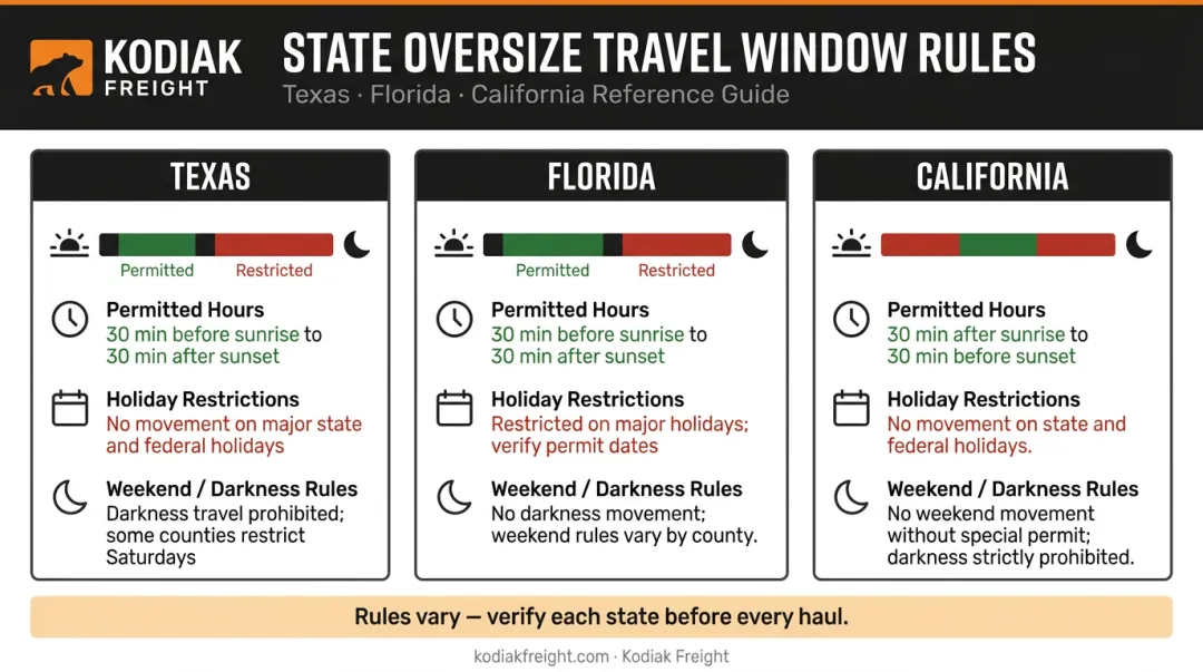 Oversize load travel time restrictions by state Texas Florida and California comparison