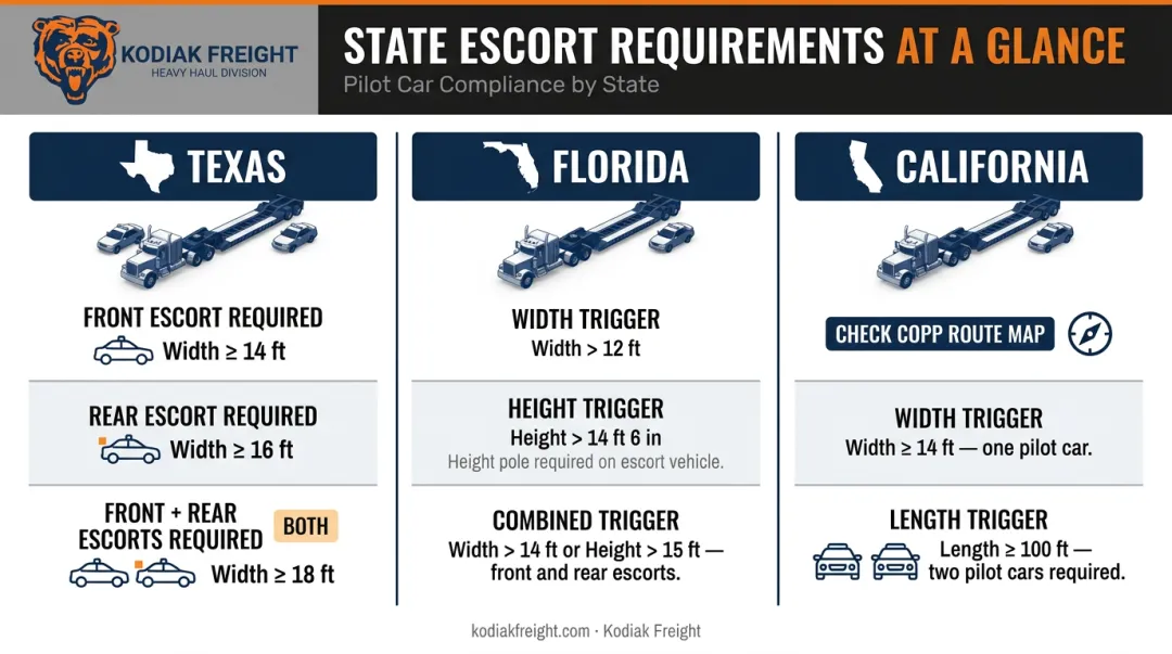 Escort vehicle requirements by state for Texas Florida and California oversize loads